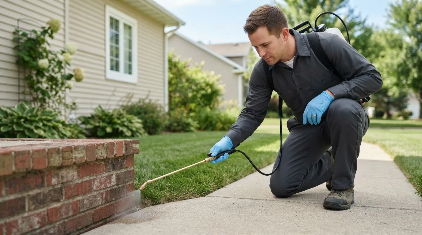 Pest control technician treating a home near Riverdale, NE
