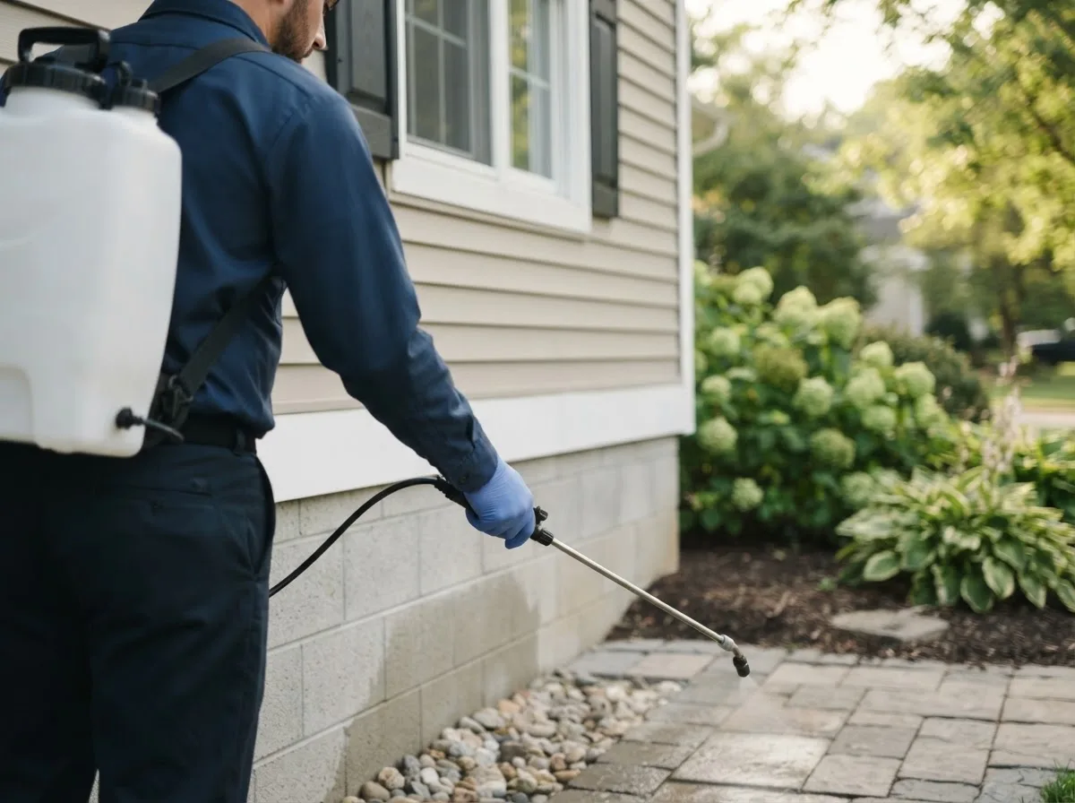 Pest control technician inspecting a home in Riverdale, NE